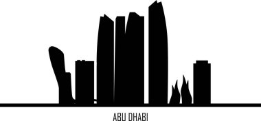 Abu Dabi silueti. Abu Dabi silueti ve simgeler silueti, beyaz arka planda siyah ton gradyan tasarımı, vektör illüstrasyonu. Düz bir manzara. Abu Dabi şehir tasarımı için şablon.
