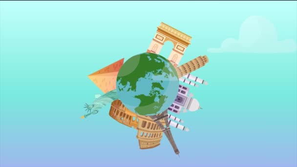 环游世界动画 世界著名的建筑围绕着旋转的地球中心旋转 纸飞机飞行 自定义文字动画空白空间 可用于旅游广告 — 图库视频影像