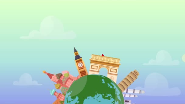 环游世界动画 世界上著名的建筑在底部绕着旋转的地球旋转 纸飞机飞行 自定义文字动画空白空间 可用于旅游广告 — 图库视频影像