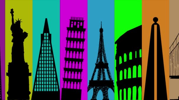 环游世界 动画剪影 地标和路标旅游 世界上著名的建筑背景五彩斑斓 可用于背景 旅游广告 促销信使服务 — 图库视频影像
