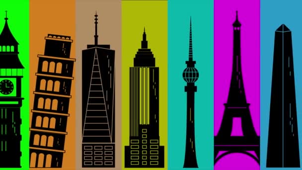 环游世界 动画剪影 地标和路标旅游 世界上著名的建筑背景五彩斑斓 可用于背景 旅游广告 促销信使服务 — 图库视频影像