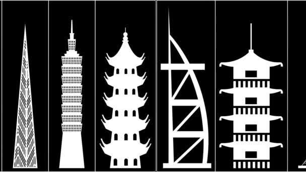 세상을 여행하세요 애니메이션 화이트 랜드마크와 비디오 세계의 유명한 건물은 검은색 — 비디오