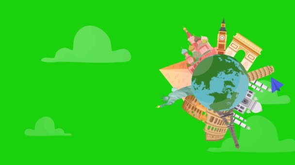 环游世界动画 世界上著名的建筑在旋转的地球上向右转 纸飞机飞行 绿色屏幕动画空白文字空间 用于旅游广告 — 图库视频影像