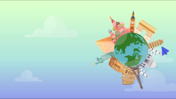 环游世界动画 世界上著名的建筑在旋转的地球上向右转 纸飞机飞行 自定义文字动画空白空间 可用于旅游广告 — 图库视频影像