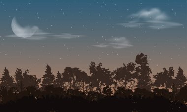 Karanlık gökyüzü yıldızlarla dolu, bulutlu, bir ormana karşı kaybolan yarım ay manzaralı bir gün doğumu. Güneş doğmadan hemen önce. 2D karikatürlerde, animasyon filmlerde arka plan sahnelerinde kullanılır. Düzenlenebilir. EPS.