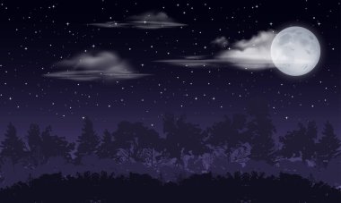 Yıldızlarla dolu karanlık bir gece manzarası, karanlık bir ormana karşı bir bulutun arkasında dolunay. Yaz sezonu gece sahnesi. 2D karikatür ve animasyon filmlerinde arka plan sahneleri için kullanılır. Düzenlenebilir EPS 