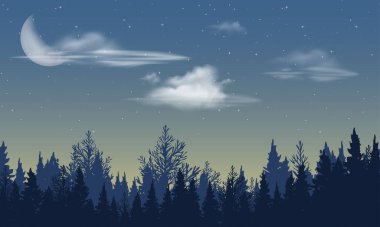 Yıldızlarla dolu karanlık gökyüzü, derin bir ormana karşı bulutlu, donuk bir yarım ay ile gün doğumunun manzarası. Güneş doğmadan hemen önce. 2D karikatür ve animasyon filmlerinde arka plan sahneleri için kullanılır. Düzenlenebilir. EPS.