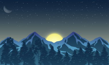 Yıldızlarla dolu karanlık, berrak gökyüzü, derin bir orman ve karlı dağların karşısında donuk bir yarım ay manzarası. 2D karikatür ve animasyon filmlerinde arka plan sahneleri için kullanılır. Düzenlenebilir. EPS.