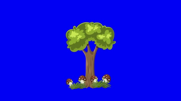 生机勃勃的树风吹动着树的枝干 五彩斑斓的蘑菇映衬着蓝屏 动植树 用于卡通片 动画片 儿童卡通片 阿尔法通道 — 图库视频影像