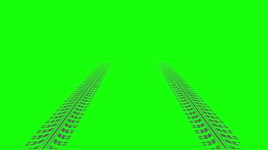 Yeşil Ekranda Araba Tekerleği İzlerinin 2D Animasyonu. Farklı bakış açıları olan düz araba izleri. Lastik izi. Ticari videolarda, reklamlarda, promosyonlarda, arka planlarda, otomobillerde kullanılıyor. 4K kalite