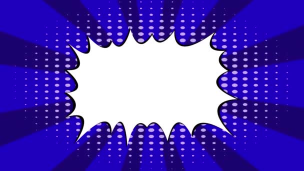 ロイヤルブルーコミックポップアップアート ハルフトーン効果 光線が回転する シームレスループ カスタムセールオファー プロモーション フラットセール プロモーションのためのテキストボックス爆発 4Kアニメーション — ストック動画