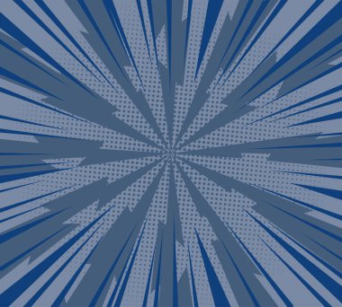 Çizgili Vektör koyu gri ve mavi Patlayıcı Flash çinko arka planda. Radyasyon renkli çizgi roman sanatı. Çizgi film komik retro desenli striptiz maketi. Vektör yıldırım patlaması yarım ton noktalar. EPS 10