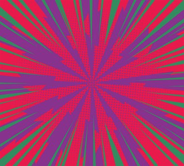 Çizgili vektör mor ve yeşil patlama flaşı kırmızı arkaplanda. Radyasyon renkli çizgi roman sanatı. Çizgi film komik retro desenli striptiz maketi. Vektör yıldırım patlaması yarım ton noktalar.