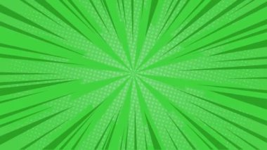 Pop sanatında yeşil arka plan ve komik çizgi film tarzı. Basit düz güneş patlaması döngüsü animasyonu. Bıçaklarla dönen enerji işareti. Kopya alanı ile Halfton etkisi soyut arkaplan. 4K 