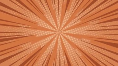 Popüler sanatta kahverengi arka plan ve komik çizgi film tarzı. Basit düz güneş patlaması döngüsü animasyonu. Bıçaklarla dönen enerji işareti. Kopya alanı ile Halfton etkisi soyut arkaplan. 4K 