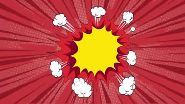 Pop sanatında koyu kırmızı arka plan ve komik çizgi film tarzı. Çeşitli mesaj kutuları patladı. Bıçaklarla dönen enerji işareti. Özel metin alanı ile Halfton etkisi. Kullanımı kolay. 4K 