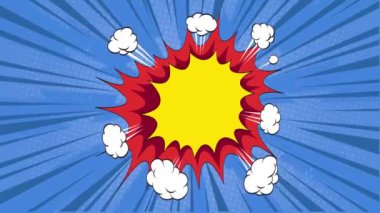 Popüler sanatta ve komik çizgi film tarzında kraliyet mavisi arka plan. Çeşitli mesaj kutuları patladı. Bıçaklarla dönen enerji işareti. Özel metin alanı ile Halfton etkisi. Kullanımı kolay. 4K 