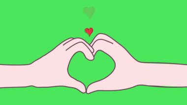 Yeşil yeşile karşı kalbi şekillendiren iki elin 2D animasyonu. Kırmızı kalp döngüsü animasyonu. Kolayca yeşil arkaplanı kaldır. Yüksek çözünürlüklü 4K video. Kullanılan ticari araçlar. 
