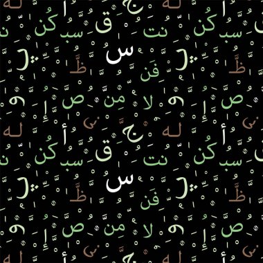 Renkli Arap alfabesi harfleri, doğulu kumaş, pankart, giysi, ambalaj kağıdı veya iç tasarım için siyah arkaplan üzerindeki soyut Arap unsurları deseni. Düzenlenebilir. EPS 10