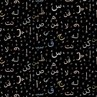 Renkli Arap alfabesi harfleri, doğulu kumaş, pankart, giysi, ambalaj kağıdı veya iç tasarım için siyah arkaplan üzerindeki soyut Arap unsurları deseni. Düzenlenebilir. EPS 10