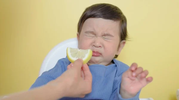 Uma Criança Prova Pedaço Limão Rugas Faz Grimace Foto Alta — Fotografia de Stock