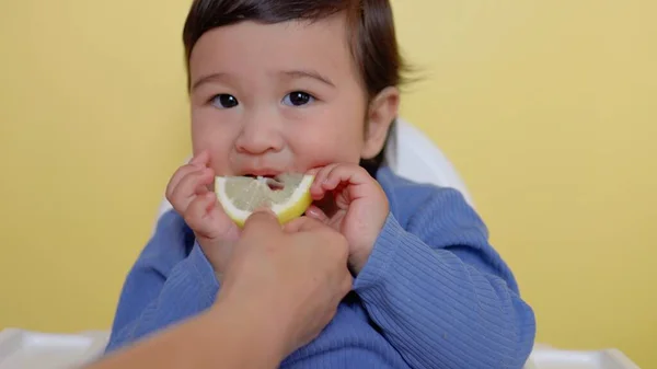 Ein Kind Schmeckt Ein Stück Zitrone Runzelt Die Falten Und — Stockfoto