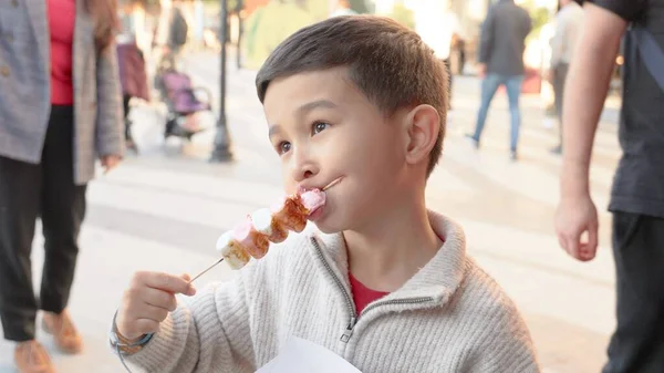 Uma Criança Morde Marshmallow Caramelizado Uma Feira Imagens Alta Qualidade — Fotografia de Stock