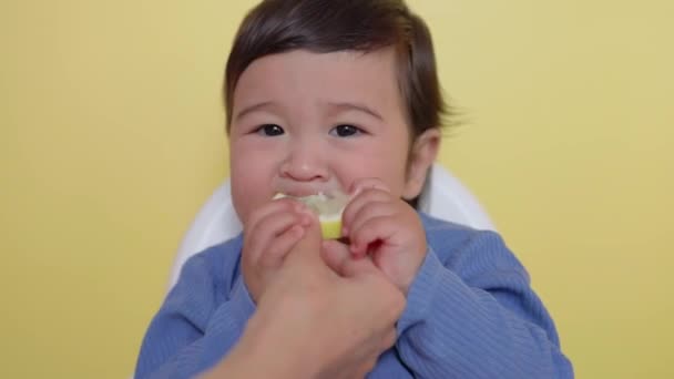 Uma Criança Prova Pedaço Limão Rugas Faz Grimace Foto Alta — Vídeo de Stock