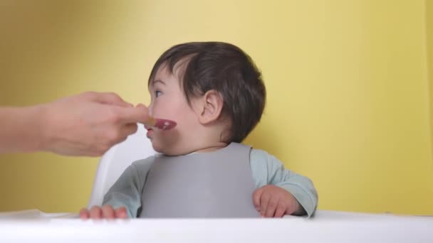 ママは赤ん坊をスプーンで食べる 相補的な食品の導入 良い栄養 赤ちゃん食品高品質4K映像 — ストック動画