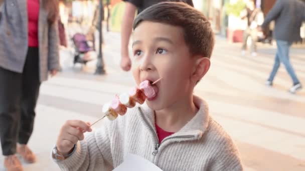 Dítě Kouše Karamelizovaný Marshmallow Pouti Vysoce Kvalitní Záběry — Stock video