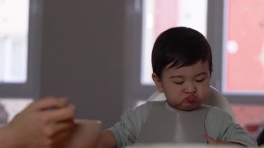 Anne bebeğini kaşıkla besliyor. Tamamlayıcı gıdaların tanıtımı, iyi beslenme, bebek maması yüksek kalite 4K görüntü