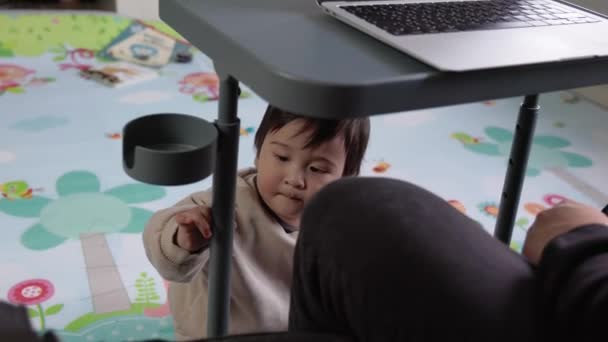 Homem Trabalha Seu Laptop Casa Sofá Enquanto Seu Filho Ano — Vídeo de Stock