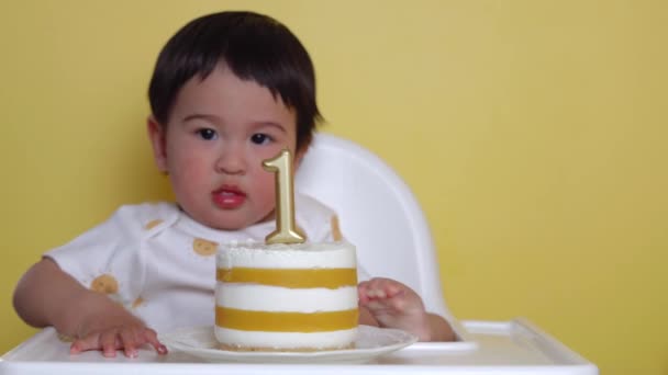 Πορτρέτο Του Μωρού Γιορτάζει Πρώτα Του Γενέθλια Τούρτα Και Κερί — Αρχείο Βίντεο