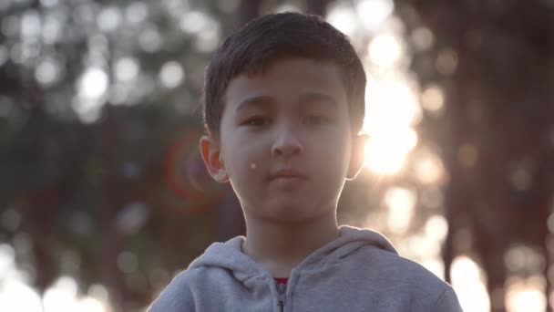 Portret Van Een Kleine Jongen Die Naar Camera Kijkt Als — Stockvideo