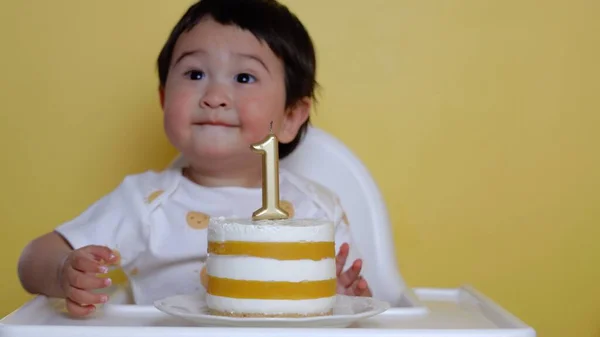 Retrato Bebê Comemorando Seu Primeiro Aniversário Com Bolo Vela Nele — Fotografia de Stock