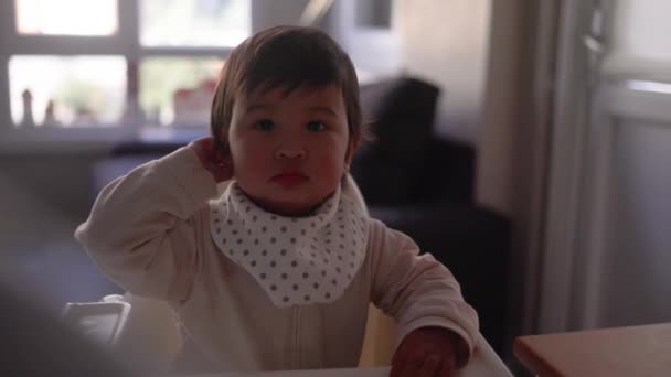 Άποψη Του Μωρού Στην Σαλιάρα Τρώει Συμπληρωματικά Τρόφιμα Μέσα Από — Αρχείο Βίντεο
