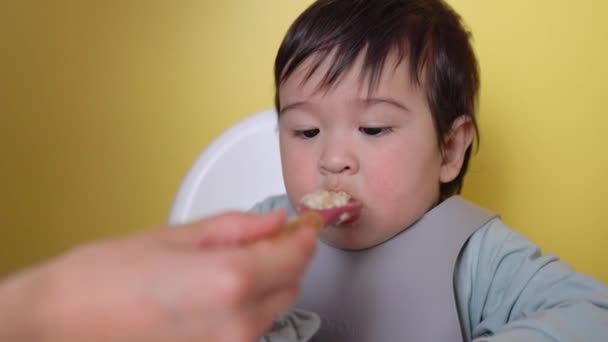 Μαμά Ταΐζει Μωρό Της Εισαγωγή Συμπληρωματικών Τροφίμων Καλή Διατροφή Παιδικές — Αρχείο Βίντεο