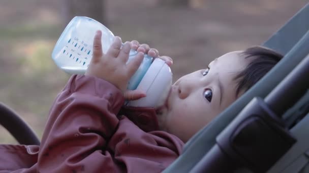 Bebê Asiático Bebe Fórmula Uma Mamadeira Enquanto Está Deitado Carrinho — Vídeo de Stock