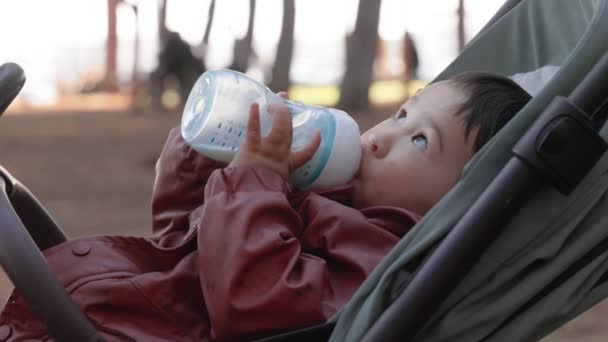 Aziatische Baby Drinkt Formule Uit Een Fles Terwijl Kinderwagen Het — Stockvideo