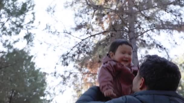 Pai Atira Bebé Para Frente Das Árvores Vista Baixo Imagens — Vídeo de Stock