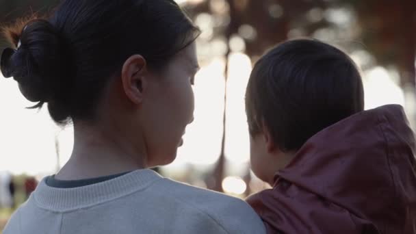 Tylny Widok Kochającej Matki Trzymającej Dziecko Całującej Czule Naturze Wysokiej — Wideo stockowe