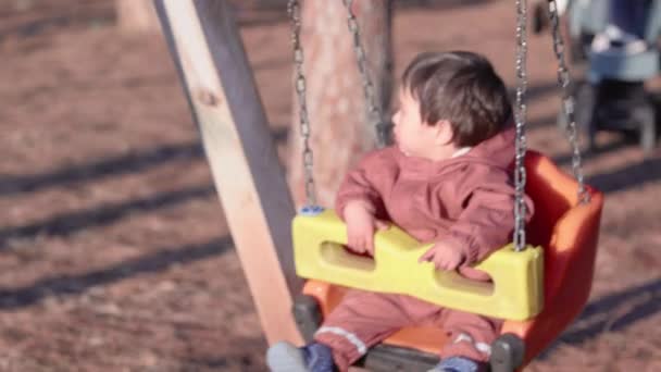 Achteraanzicht Van Baby Schommels Een Schommel Naar Zon Het Park — Stockvideo