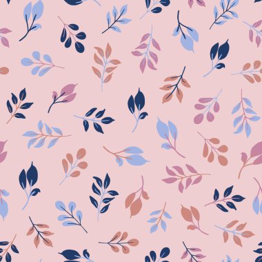Rastgele yerleştirilmiş, sonbahar yaprakları pürüzsüz tekrar kalıpları. Pembe zeminin her yerinde vektör botanik elementler var..