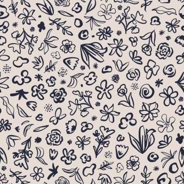 Doodled flowers, leaves, herbs, plants seamless repeat pattern. Random placed, hand drawn, vector botanical all over surface print on beige background.