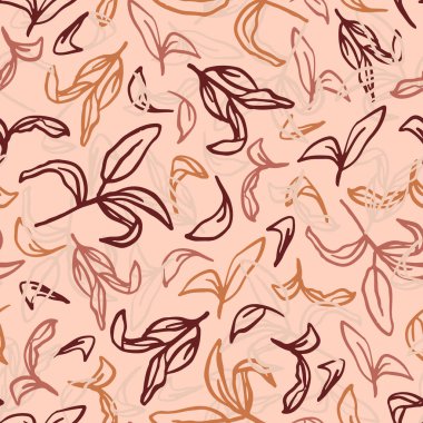 Earth toned, doodled leaves seamless repeat pattern. Random placed, vector botanical garden plant elements all over surface print on beigebackground.