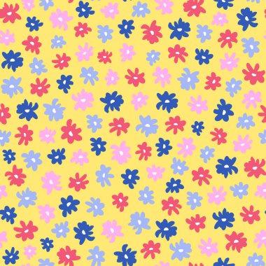 Calico flowers seamless repeat pattern. Random placed, vector millefleurs all over surface print on lilac background.