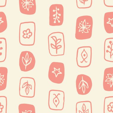 Bej arkaplanda botanik simgeleri olan kusursuz desen.