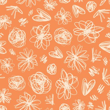 Karalanmış grunge kalpler ve daireler kusursuz tekrar desenleri. Rastgele yerleştirilmiş, el çizimi, grunge vektör elementleri turuncu arkaplan üzerindeki yüzey baskısı.