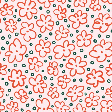 Basit, el çizimi, çiçekler gibi kusursuz tekrar eden desenler. Rastgele yerleştirilmiş, vektör, retro çiçek tüm yüzey izi.