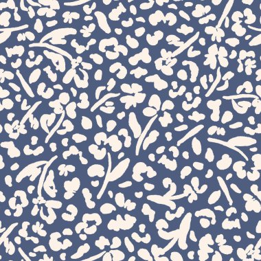 Yapraklı ve leopar desensiz soyut çiçekler. Rastgele yerleştirilmiş, vektör benekleri hayvan ve botanik tüm yüzeyde mavi arka planda..